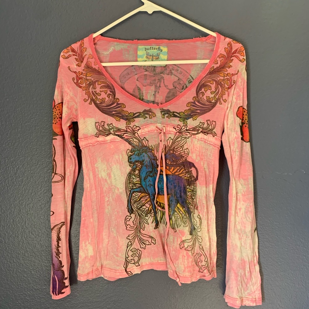 Pink Sheer Butterfly Dropout Long Sleeve Tee Shirt